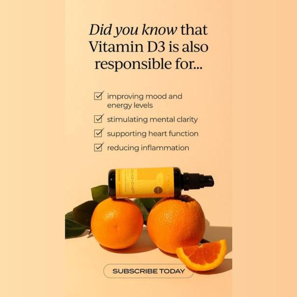 A clean, educational ad creative for Vitamin D3 featuring a checklist of health benefits and product photography.